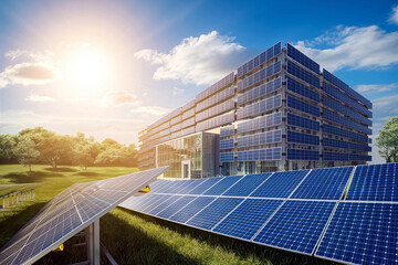 Aerial view of commercial buildings with solar panels on rooftops, basking in sunshine and surrounded by lush greenery, showcasing a sustainable green energy concept. 