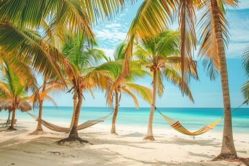 A pastel tropical beach with palm trees and hammock