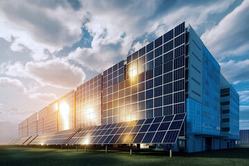 Aerial view of commercial buildings with solar panels on rooftops, basking in sunshine and surrounded by lush greenery, showcasing a sustainable green energy concept. 