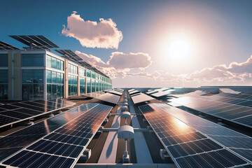 Fototapeta premium Aerial view of commercial buildings with solar panels on rooftops, basking in sunshine and surrounded by lush greenery, showcasing a sustainable green energy concept. 