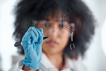 Woman, scientist and write equation on glass, problem solving and science in laboratory for...