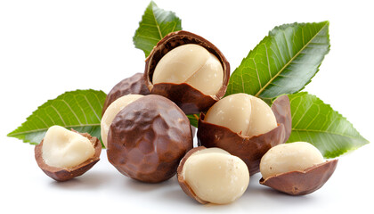 Shelled macadamia nuts with leaves isolated on white background