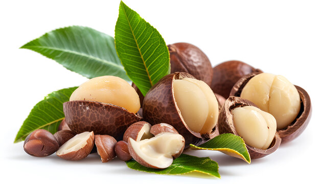 Shelled macadamia nuts with leaves isolated on white background
