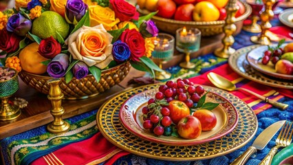 Fototapeta premium Vibrant multi-colored hand-painted Spanish-inspired table setting with golden accents, ornate plate, napkin, roses, and exotic fruit arrangement on elegant plate.