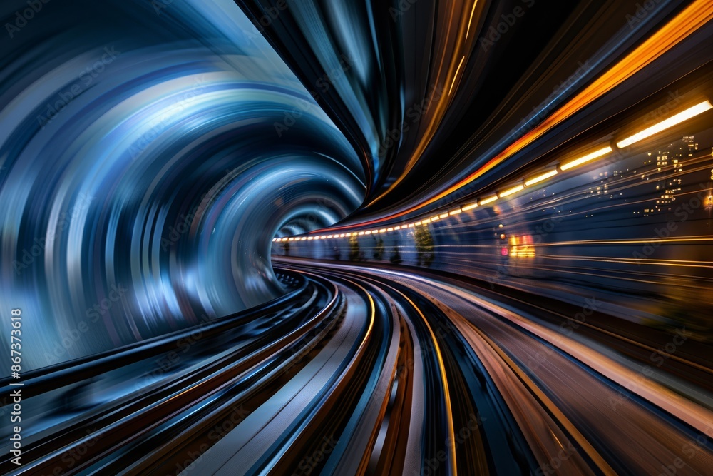 Poster dynamic curved tunnel with metallic design and vivid light trails creating a sci-fi and futuristic a