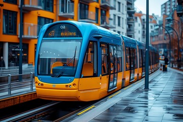 Fototapeta na wymiar Modern Tram in Urban Setting on a Cloudy Day