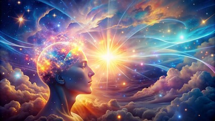 Vibrant, swirling clouds of thought and emotion erupt from a glowing, ethereal mind, surrounded by stars, rays, and radiant, shimmering lights.