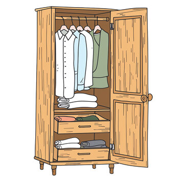 Illustration of an open wooden closet with shirts hanging and folded clothes in drawers.
