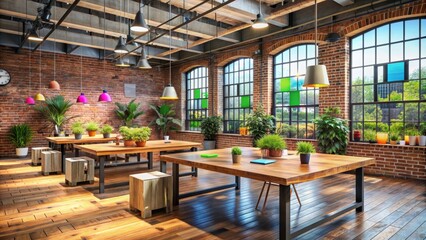 Modern industrial loft interior featuring sleek wooden tables, vibrant greenery, colorful sticky notes, and minimalist tech gadgets amidst exposed brick walls.