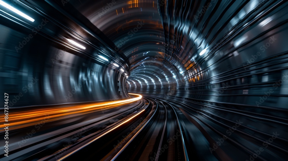 Poster dynamic curved tunnel with metallic design and vivid light trails creating a sci-fi and futuristic a
