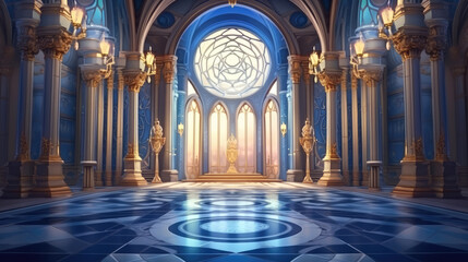 Obraz premium A realistic fantasy interior of the royal palace. blue golden palace. castle interior. Fiction Backdrop. concept art., generative ai