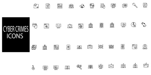 Set of 20 outline Cyber crimes.Data protection symbol. Secured network icon collection.Vector illustration.