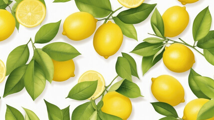 Fresh yellow fruits of lemon, lime, with green leaves. Seamless citrus texture on a white background. Vintage botanical 3d illustration., generative ai