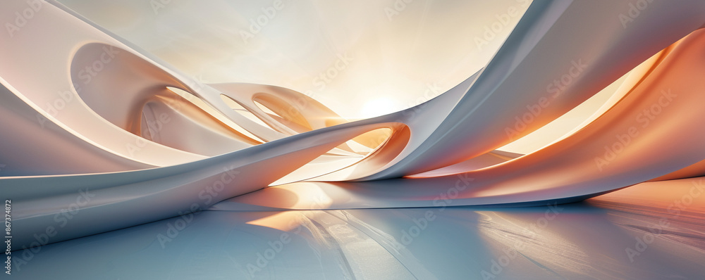 Poster produce a high-definition image featuring abstract curved shapes with soft gradients, forming a mesm