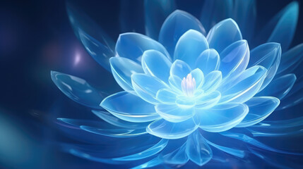 Obraz premium Beautiful lotus made of ice on a glowing dark blue background. Luxury background. Close-up of an icy water lily flower. Image for wedding invitations, packages, and Christmas cards. generative ai