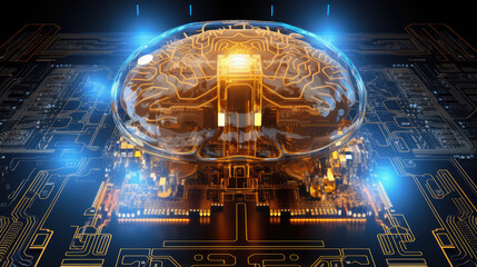 Cybernetic Brain. Electronic chip in form of cybernetic brain in electronic cyberspace. Illustration on the subject of 'Artificial Intelligence'., generative ai