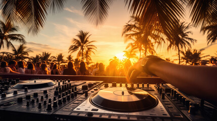 Party on the beach. Dj at sunset beach party in summer vacation outdoor. Young people enjoying summer event. Disc jockey playing music on beach. Event, music and fun concept, generative ai