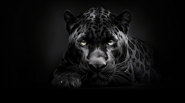 Panther in rest. Black and white portrait of leopard on black background. Predator series. Danger concept. digital art, generative ai