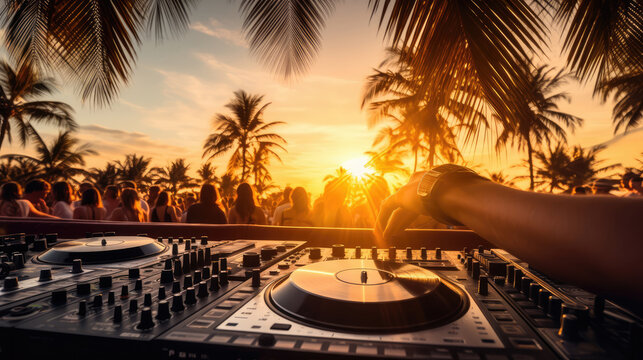 Party on the beach. Dj at sunset beach party in summer vacation outdoor. Young people enjoying summer event. Disc jockey playing music on beach. Event, music and fun concept, generative ai