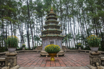 Hue, Vietnam - 6 Feb, 2024: Thien Mu Pagoda and Buddhist Temple, Hue, Vietnam