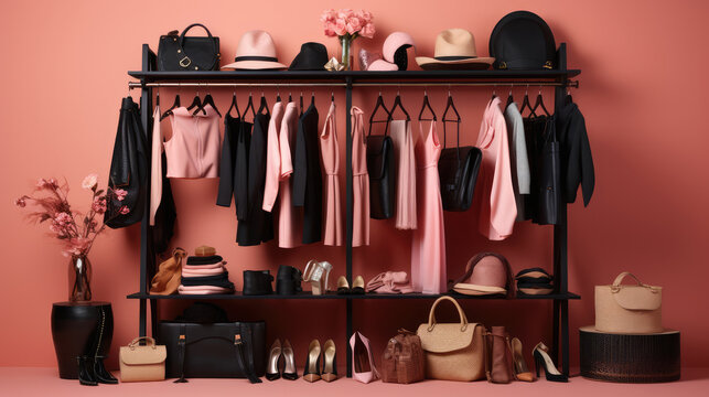 Modern wardrobe with stylish pink black female clothes and accessories. Rack with female clothes., generative ai - Powered by Adobe