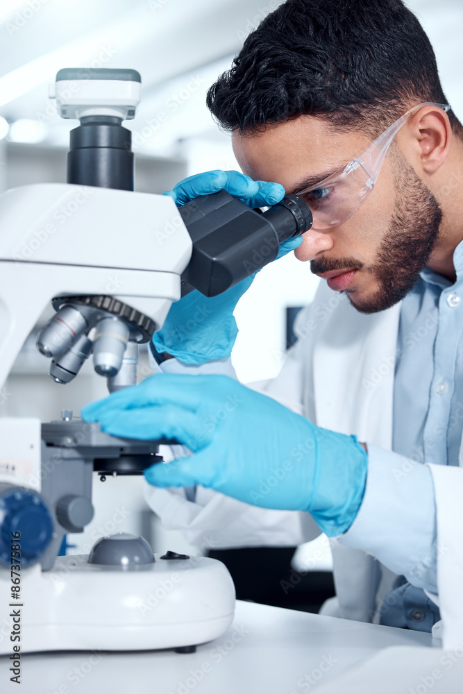 Poster man, microscope and research analysis in lab, biochemist and innovation healthcare study with virus 