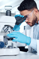 Man, microscope and research analysis in lab, biochemist and innovation healthcare study with virus...