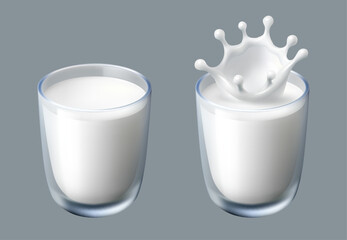 Milk glass and milk splash in a glass. Milk or yogurt poured into glass. Realistic 3d vector image in cartoon style