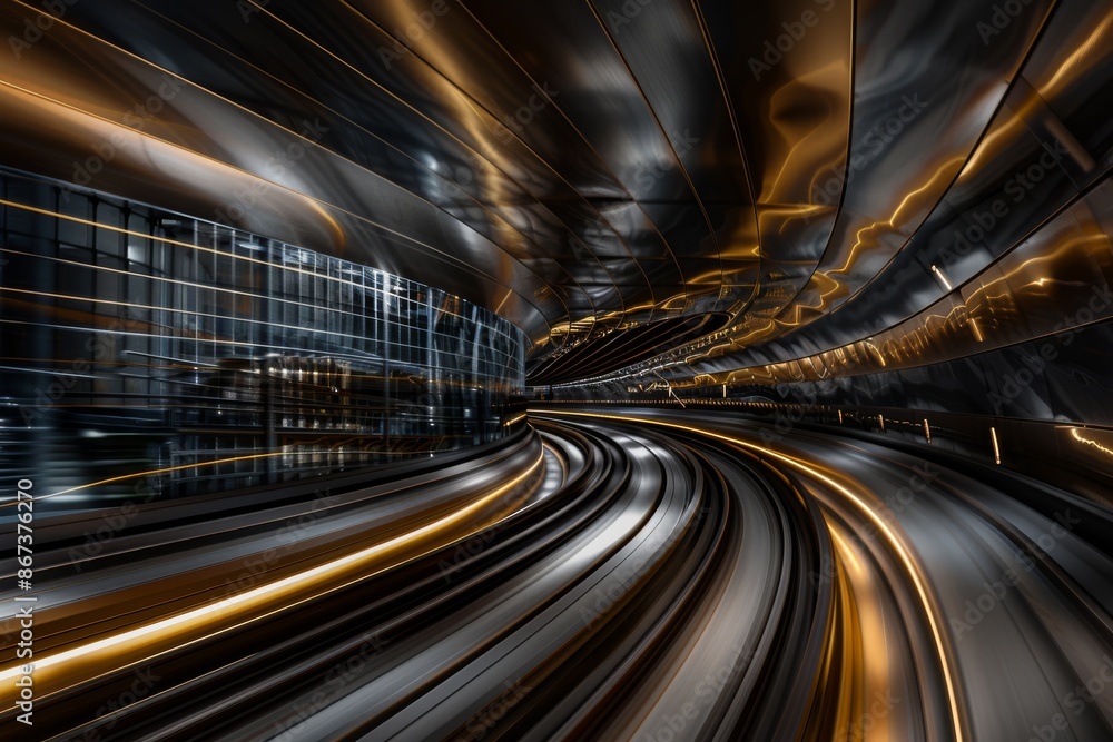 Poster Dynamic curved tunnel with metallic design and vivid light trails creating a sci-fi and futuristic atmosphere.