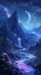 Magical river flows through mountains under a crescent moon in a starry night sky, blending nature and fantasy