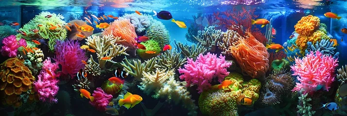 Fotobehang A vibrant coral reef teeming with colorful fish and marine life, crystal-clear ocean water © khunkorn Studio