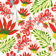 hand drawn abstract plants with tropical theme seamless pattern