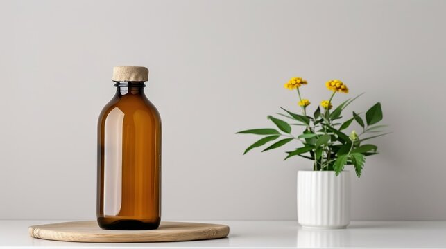 modern kombucha bottle with a minimalist label positioned on a white background The bottle is centered with studio lighting bringing out the clarity and clean design The image is captured in 32k