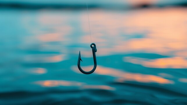 Detailed view of a fishing hook with water in the backdrop, essential tool for catching fish, high resolution, realistic texture, vibrant colors