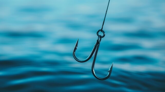 Detailed view of a fishing hook with water in the backdrop, essential tool for catching fish, high resolution, realistic texture, vibrant colors