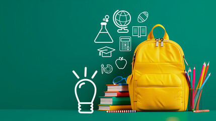 School backpack with books and apple, blackboard of a class. Copy space. School icons, concept of education, creativity, subjects, goals and objectives for students.