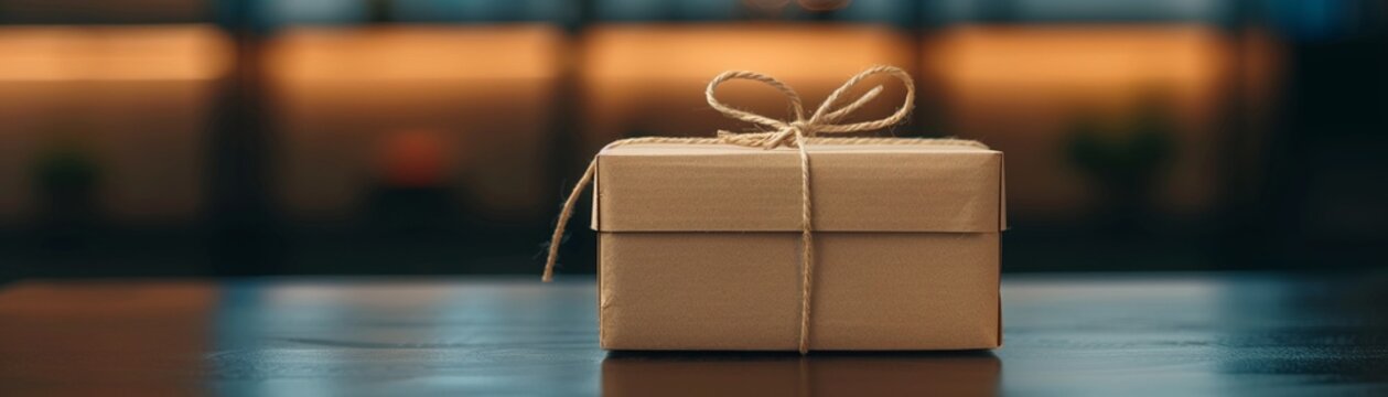 A box with a string securely tied around it, placed on a table, rustic setting, high detail, warm lighting, vintage style