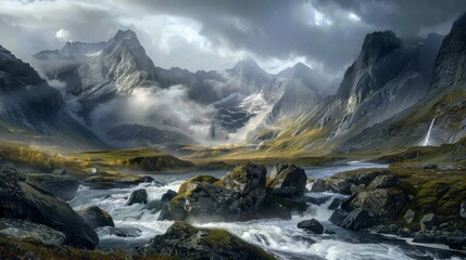 Beautiful mountain landscape with a river flowing through it. The clouds are dark and dramatic, and the scenery is breathtaking