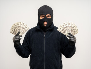 Thief in uniform black jacket various pose on isolated background. The Robber terrorism criminal...