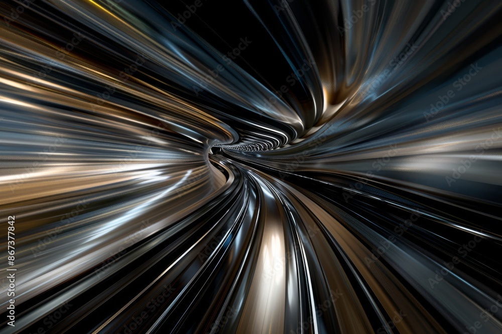Poster Dynamic curved tunnel with metallic design and vivid light trails creating a sci-fi and futuristic atmosphere.