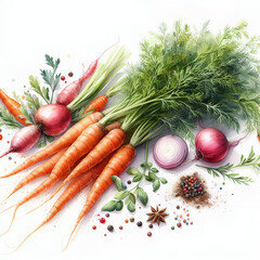 흰 배경, 당근, 수채화 (White background, carrot, water colour)