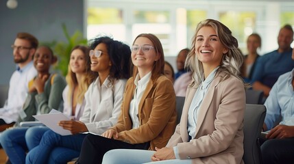 Diverse business people sit in conference room,smiling and laughing as listening to presentation.