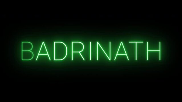 Flickering neon green glowing Badrinath text animated on black background