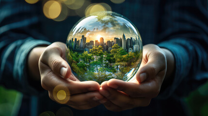 Hand holding a glass globe with a city in it. Concept of a eco green city. Green energy, ESG, renewable resources. Caring for environment. People's hands around the globe. Earth day,, generative ai