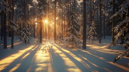Serene winter forest scene bathed in warm sunlight, with frost-covered trees casting long shadows on a peaceful path. Perfect for december holidays, evoking calm and beauty outdoors