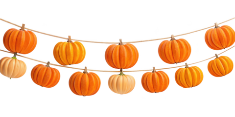 Pumpkin Garland Decoration. Features Small Pumpkins, Perfect For Fall And Halloween Decorations. Isolated on transparent background, png.