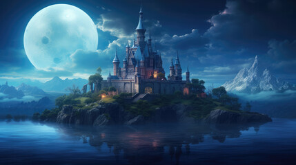 Enchanting magical fantasy fairytale castle on the island against the backdrop of a huge moon, generative ai