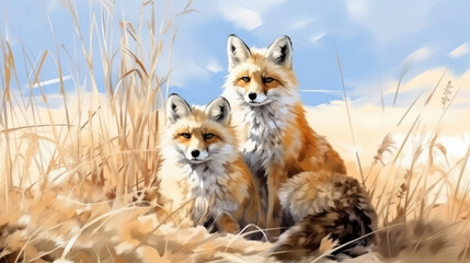 Obraz premium A couple of red foxes. Beautiful animal in the nature habitat. Wildlife scene from the wild nature. Cute animal in habitat. digital art, generative ai