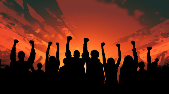 Arms raised in protest. Group of protestors fists raised up in the air., generative ai