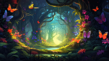 Magical fantasy fairytale forest with rainbow and butterflies. digital art, generative ai